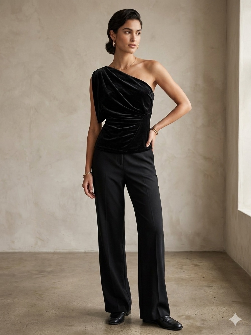 Anthropologie Eva Franco Velvet One Shoulder Black top , Small